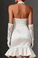 Load image into Gallery viewer, White Satin Bodycon Ruffled Halter Short Bridal Shower Dress