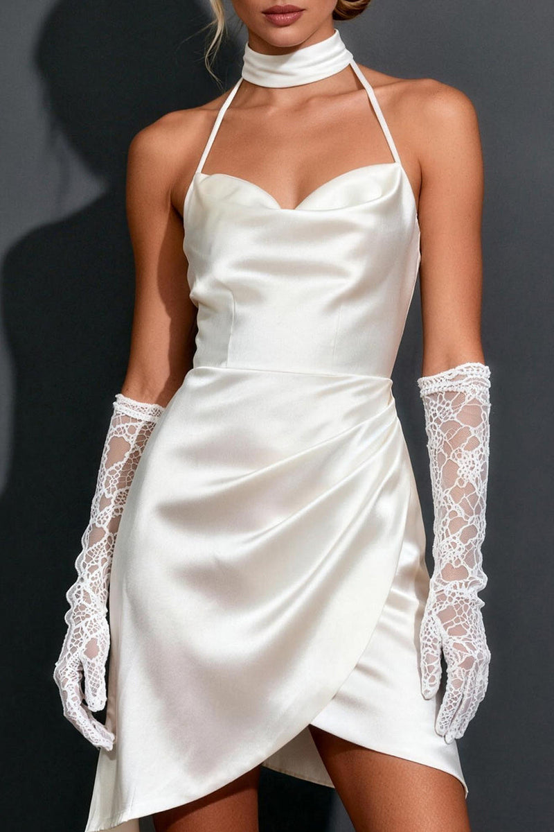 Load image into Gallery viewer, White Satin Ruched Halter Bodycon Short Bridal Shower Dress