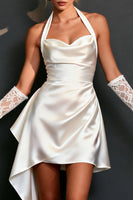 Load image into Gallery viewer, White Halter Satin Bodycon Short Bridal Shower Dress with Side Cape