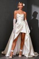 Load image into Gallery viewer, White Satin A Line Strapless High-Low Rehearsal Dinner Dress
