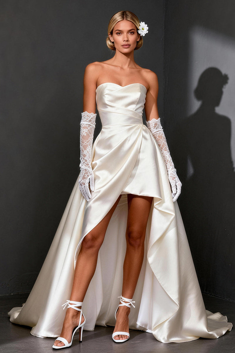 Load image into Gallery viewer, White Satin A Line Strapless High-Low Rehearsal Dinner Dress