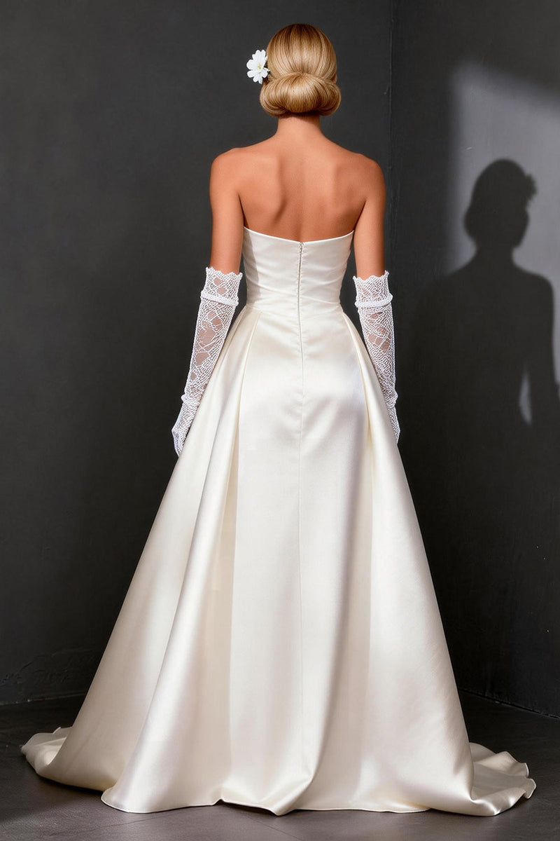 Load image into Gallery viewer, White Satin A Line Strapless High-Low Rehearsal Dinner Dress