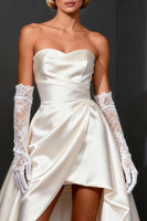 Load image into Gallery viewer, White Satin A Line Strapless High-Low Rehearsal Dinner Dress