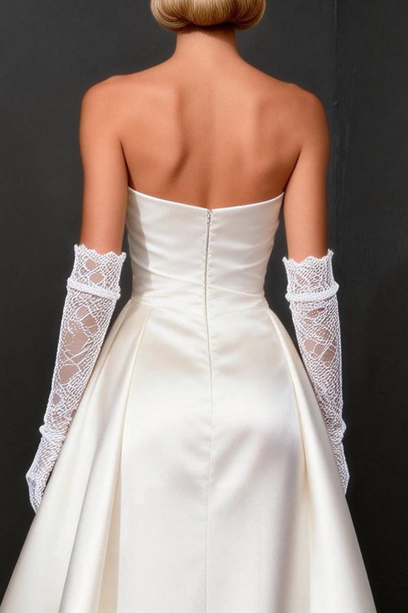 Load image into Gallery viewer, White Satin A Line Strapless High-Low Rehearsal Dinner Dress