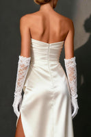 Load image into Gallery viewer, White Satin Ruched Strapless Bodycon Asymmetrical Rehearsal Dinner Dress