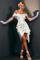 Load image into Gallery viewer, White Satin Ruched Off The Shoulder Bodycon Short Bridal Shower Dress