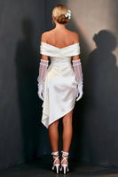 Load image into Gallery viewer, White Satin Ruched Off The Shoulder Bodycon Short Bridal Shower Dress