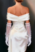 Load image into Gallery viewer, White Satin Ruched Off The Shoulder Bodycon Short Bridal Shower Dress