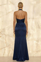 Load image into Gallery viewer, Navy Satin Halter Ruched Mermaid Long Formal Dress with Slit