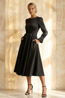 Load image into Gallery viewer, Modest Black Satin Round Neck A Line Midi Formal Dress with Sleeves