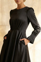 Load image into Gallery viewer, Modest Black Satin Round Neck A Line Midi Formal Dress with Sleeves