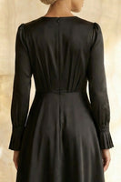 Load image into Gallery viewer, Modest Black Satin Round Neck A Line Midi Formal Dress with Sleeves