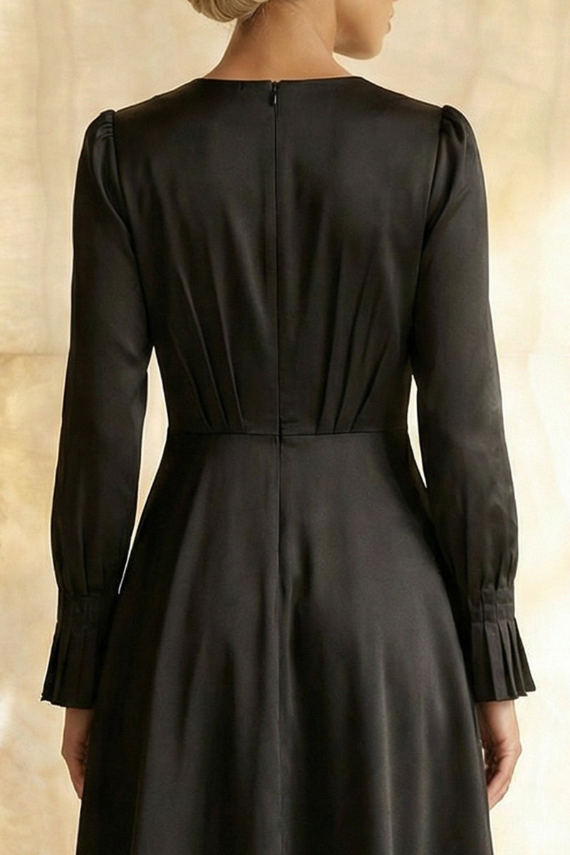 Load image into Gallery viewer, Modest Black Satin Round Neck A Line Midi Formal Dress with Sleeves