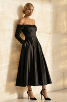 Load image into Gallery viewer, Black Satin Off the Shoulder A Line Long Formal Dress with Sleeves