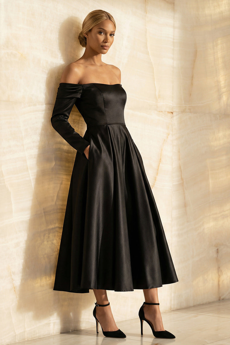Load image into Gallery viewer, Black Satin Off the Shoulder A Line Long Formal Dress with Sleeves