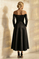Load image into Gallery viewer, Black Satin Off the Shoulder A Line Long Formal Dress with Sleeves