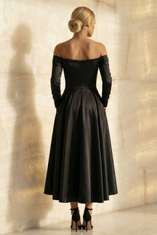 Black Satin Off the Shoulder A Line Long Formal Dress with Sleeves