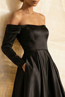Load image into Gallery viewer, Black Satin Off the Shoulder A Line Long Formal Dress with Sleeves
