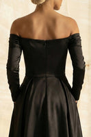 Load image into Gallery viewer, Black Satin Off the Shoulder A Line Long Formal Dress with Sleeves