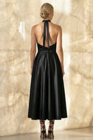 Load image into Gallery viewer, Black Satin Halter A Line Ruched Long Formal Dress