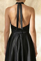 Load image into Gallery viewer, Black Satin Halter A Line Ruched Long Formal Dress