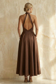 Chocolate Halter A Line Ruched Long Formal Dress