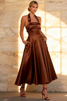 Load image into Gallery viewer, Chocolate Satin Halter A Line Ankle Length Formal Dress