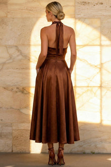 Chocolate Satin Halter A Line Ankle Length Formal Dress