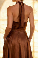 Load image into Gallery viewer, Chocolate Satin Halter A Line Ankle Length Formal Dress