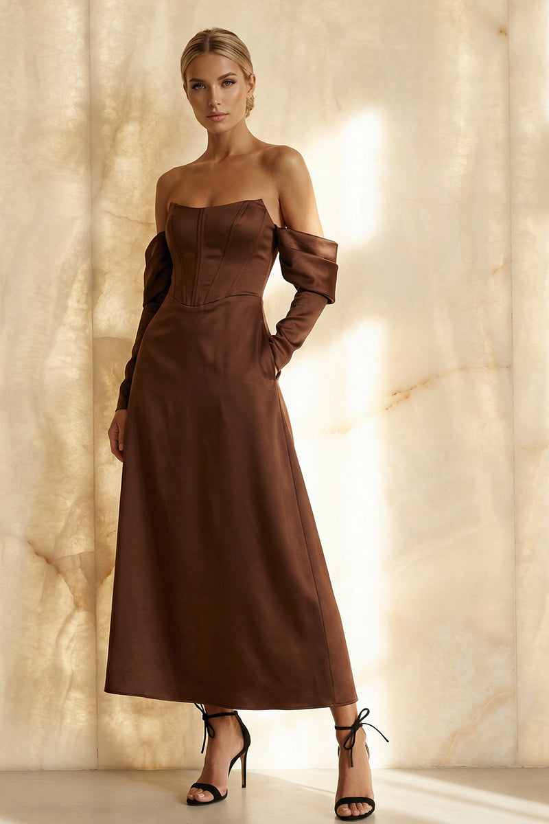 Load image into Gallery viewer, Chocolate Satin Off the Shoulder A Line Long Corset Formal Dress