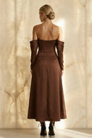 Load image into Gallery viewer, Chocolate Satin Off the Shoulder A Line Long Corset Formal Dress