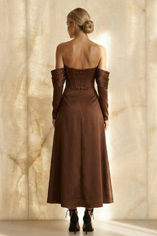 Chocolate Satin Off the Shoulder A Line Long Corset Formal Dress