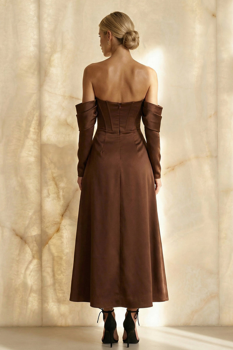 Load image into Gallery viewer, Chocolate Satin Off the Shoulder A Line Long Corset Formal Dress