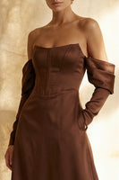 Load image into Gallery viewer, Chocolate Satin Off the Shoulder A Line Long Corset Formal Dress
