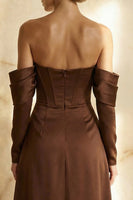 Load image into Gallery viewer, Chocolate Satin Off the Shoulder A Line Long Corset Formal Dress