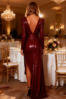 Load image into Gallery viewer, Sparkly Burgundy V Neck Sequin High-Low Sheath Prom Dress with Sleeves