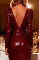 Load image into Gallery viewer, Sparkly Burgundy V Neck Sequin High-Low Sheath Prom Dress with Sleeves