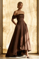 Load image into Gallery viewer, Chocolate A Line Off the Shoulder Ruched Asymmetrical Formal Dress