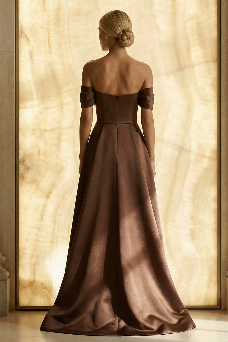 Load image into Gallery viewer, Chocolate A Line Off the Shoulder Ruched Asymmetrical Formal Dress