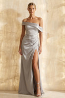 Load image into Gallery viewer, Light Grey Satin Off the Shoulder Sheath Long Formal Dress with Slit