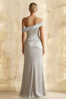Load image into Gallery viewer, Light Grey Satin Off the Shoulder Sheath Long Formal Dress with Slit