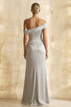 Light Grey Satin Off the Shoulder Sheath Long Formal Dress with Slit