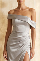 Load image into Gallery viewer, Light Grey Satin Off the Shoulder Sheath Long Formal Dress with Slit