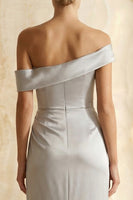 Load image into Gallery viewer, Light Grey Satin Off the Shoulder Sheath Long Formal Dress with Slit