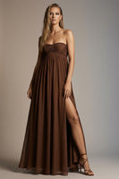 Load image into Gallery viewer, Chocolate Strapless Pleated A Line Long Formal Dress with Slit