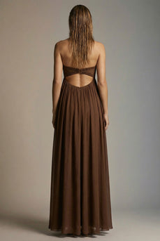 Chocolate Strapless Pleated A Line Long Formal Dress with Slit