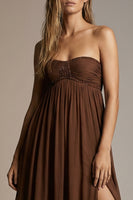 Load image into Gallery viewer, Chocolate Strapless Pleated A Line Long Formal Dress with Slit