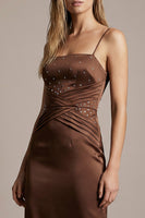 Load image into Gallery viewer, Sparkly Chocolate Spaghetti Straps Sheath Long Formal Dress with Beading