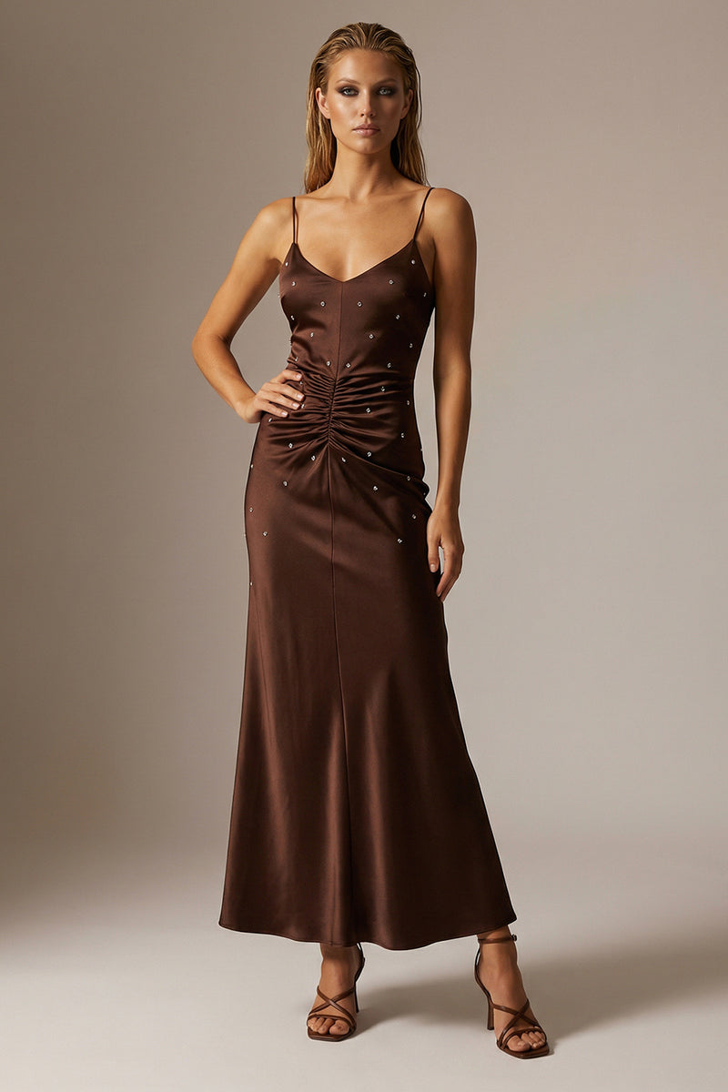 Load image into Gallery viewer, Sparkly Chocolate Sheath Ruched Spaghetti Straps Long Formal Dress