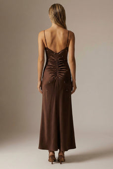 Sparkly Chocolate Sheath Ruched Spaghetti Straps Long Formal Dress